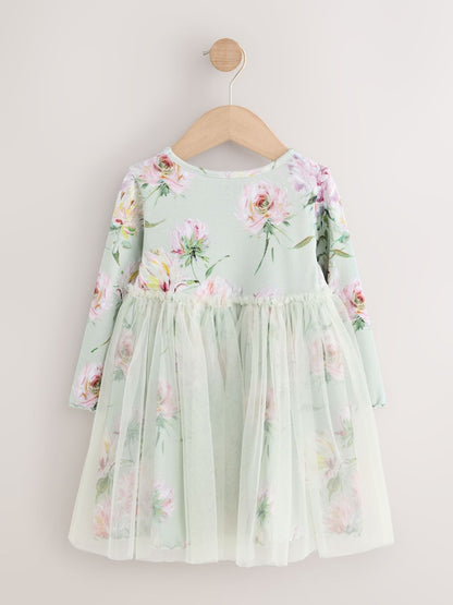 Green Long Sleeve Ribbed Mesh Dress (3mths-7yrs)