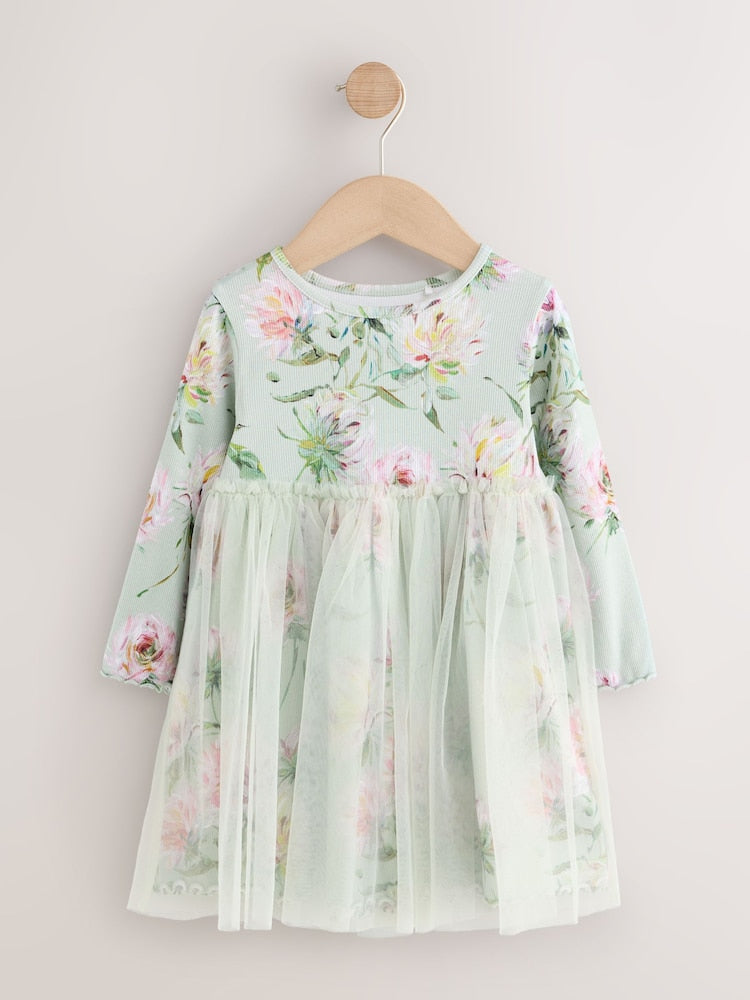 Green Long Sleeve Ribbed Mesh Dress (3mths-7yrs)