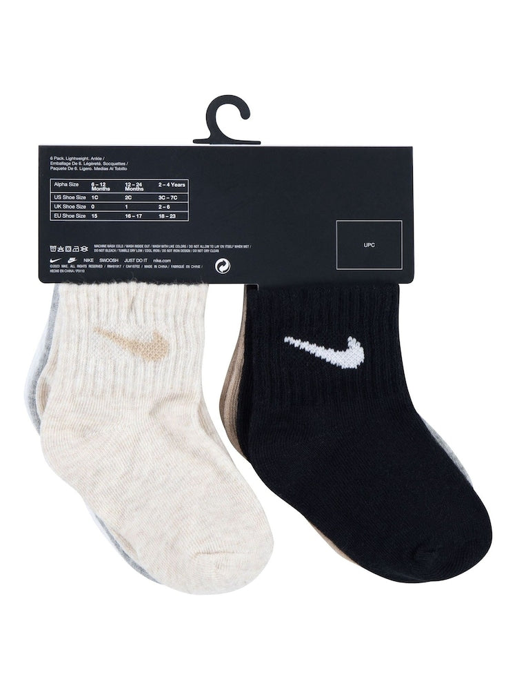 Nike Grey/Black Infant Swoosh Ankle Socks 6 Pack - Size 6-12 Months (68-80cm)