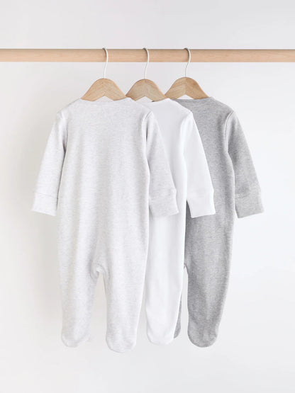 Grey Essential Zipped 100% Cotton Baby Sleepsuits 3 Pack (0-3yrs)