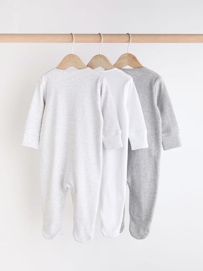 Grey Essential Zipped 100% Cotton Baby Sleepsuits 3 Pack (0-3yrs)