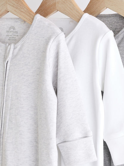Grey Essential Zipped 100% Cotton Baby Sleepsuits 3 Pack (0-3yrs)