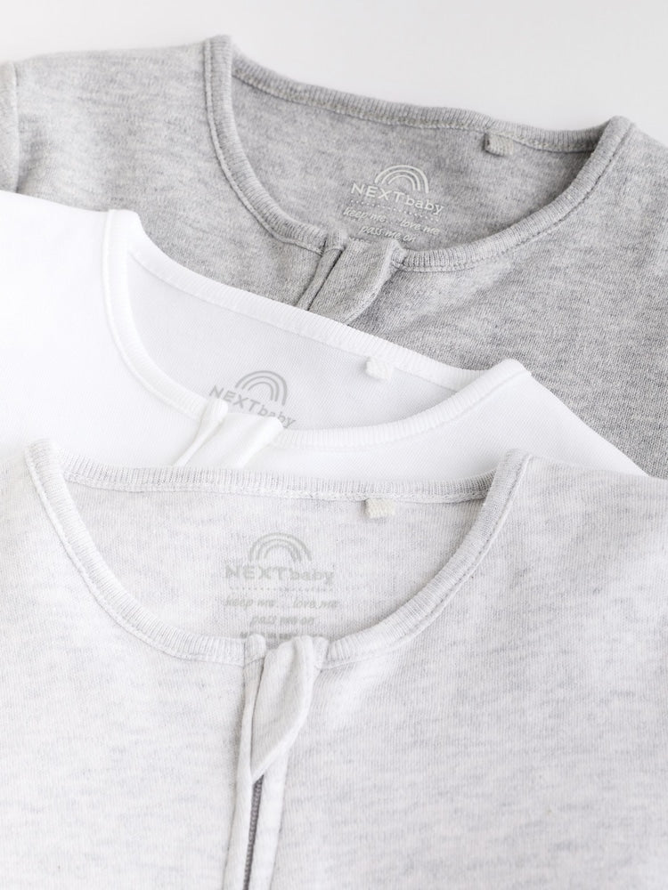 Grey Essential Zipped 100% Cotton Baby Sleepsuits 3 Pack (0-3yrs)