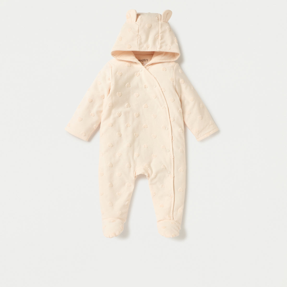 Juniors All-Over Heart Textured Hooded Sleepsuit with Snap Button Closure - Cream / 9-12 mths