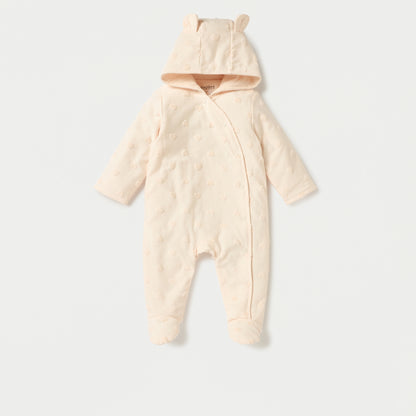 Juniors All-Over Heart Textured Hooded Sleepsuit with Snap Button Closure - Cream / 9-12 mths