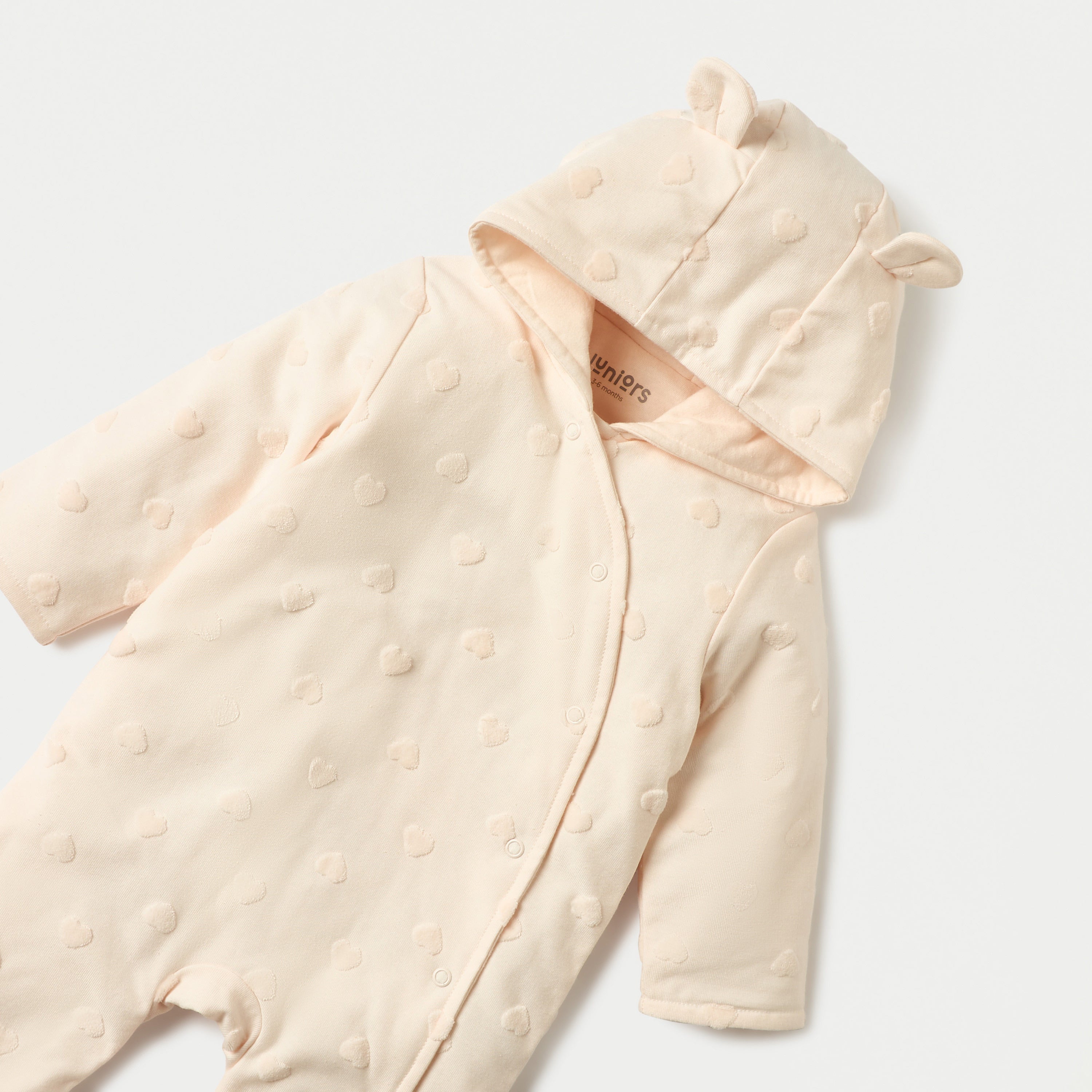 Juniors All-Over Heart Textured Hooded Sleepsuit with Snap Button Closure