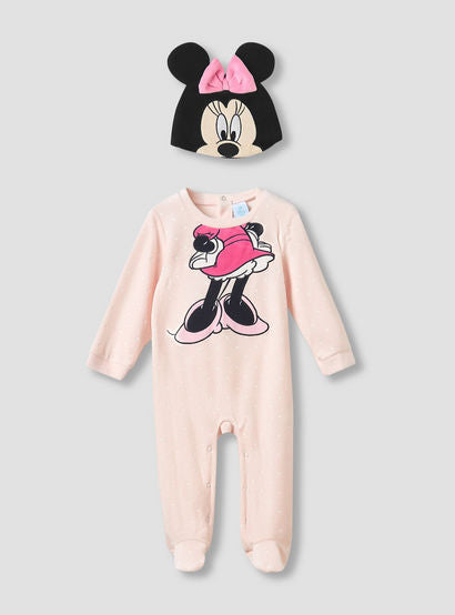 Disney Crew Neck Sleepsuit with Minnie Mouse Print and Cap - Long Sleeves-baby-girls-clothing-nightwear-sleepsuits-image-1