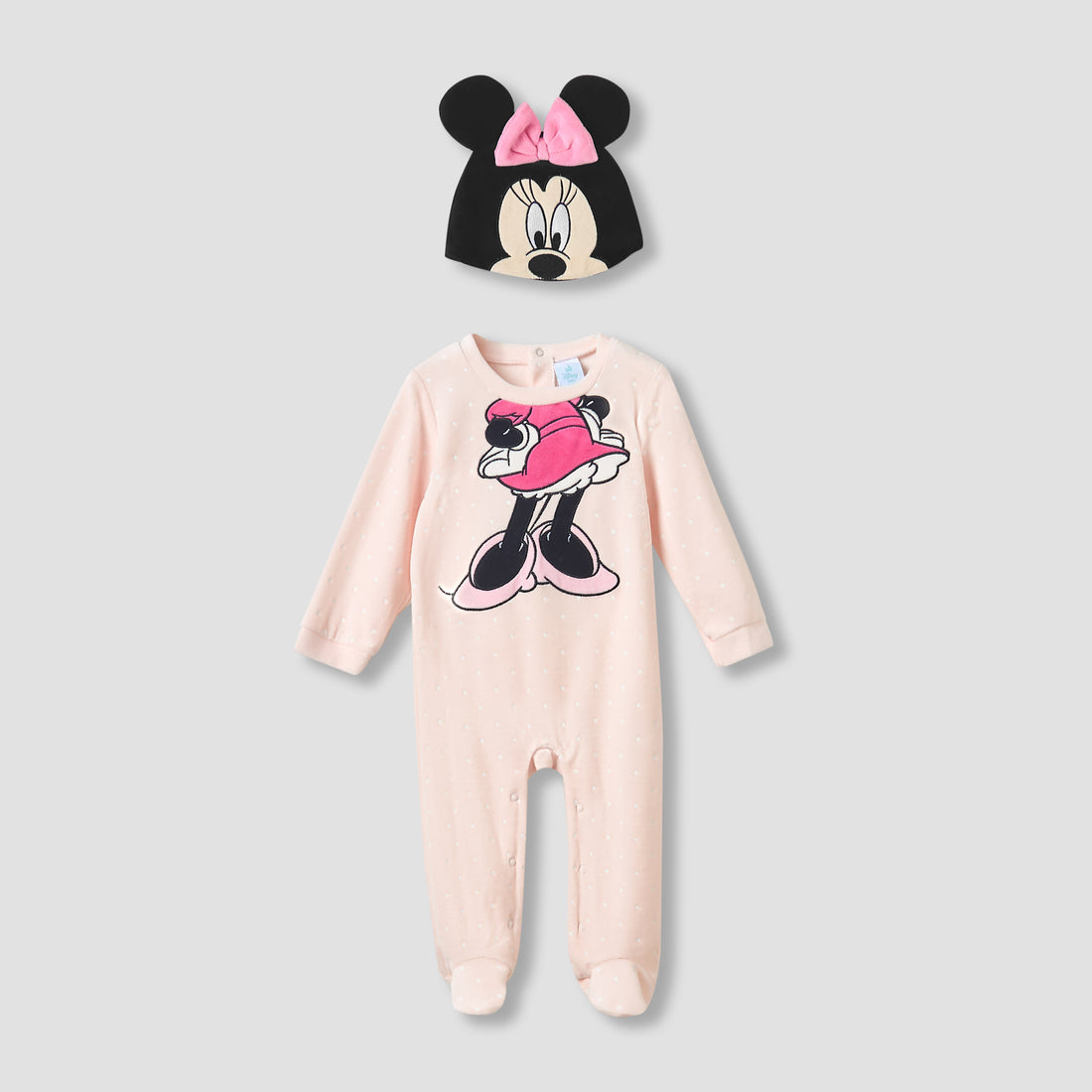 Disney Crew Neck Sleepsuit with Minnie Mouse Print and Cap - Long Sleeves - Pink / 9-12 mths