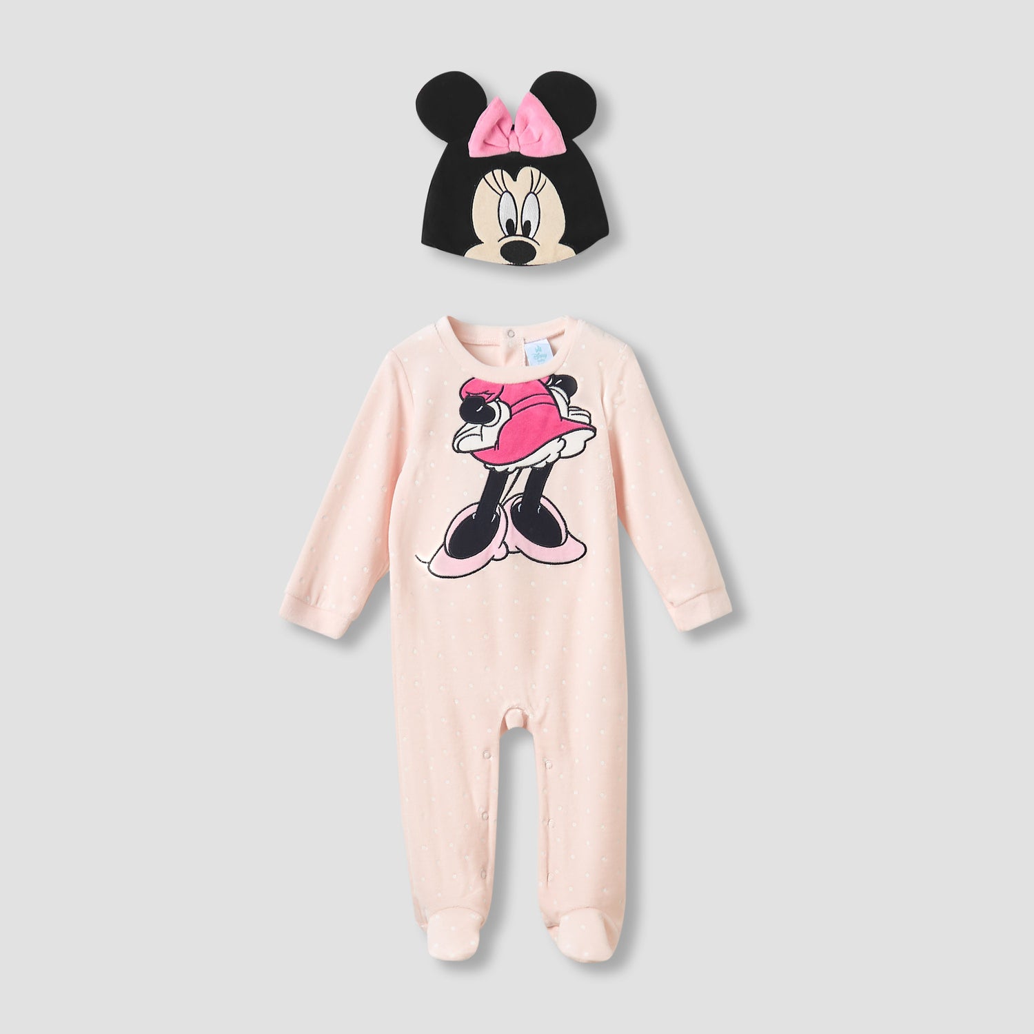 Disney Crew Neck Sleepsuit with Minnie Mouse Print and Cap - Long Sleeves - Pink / 9-12 mths