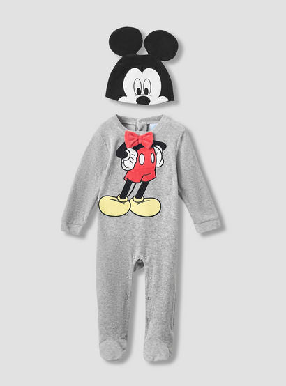 Disney Crew Neck Sleepsuit with Mickey Mouse Print and Cap - Long Sleeves-baby-boys-clothing-nightwear-sleepsuits-image-1