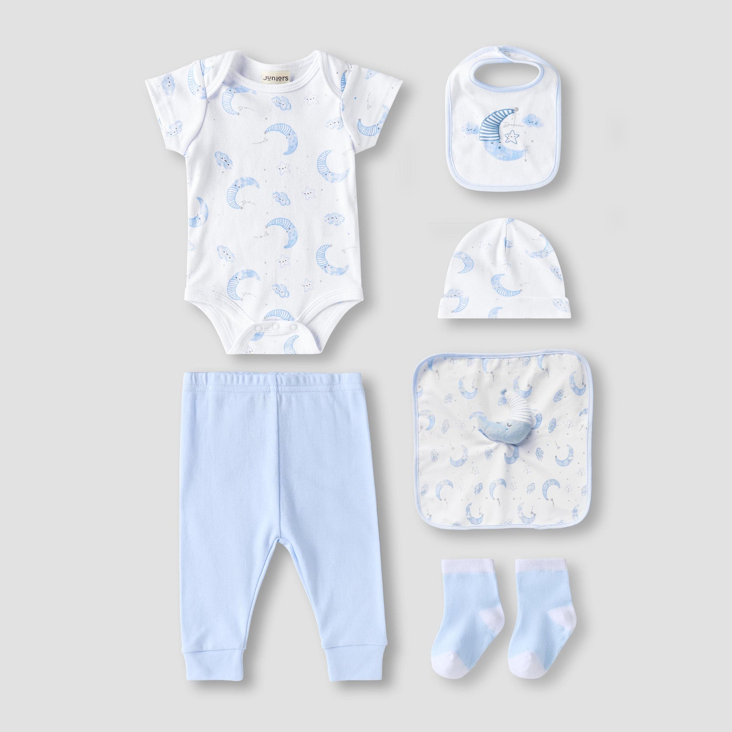 Set of 8 Juniors Clothing Gift Set with Moon Print - Blue / 0-3 mths