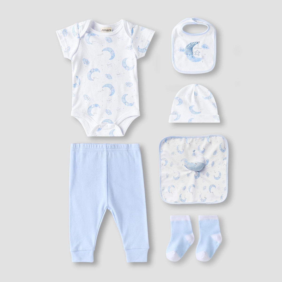 Set of 8 Juniors Clothing Gift Set with Moon Print - Blue / 0-3 mths