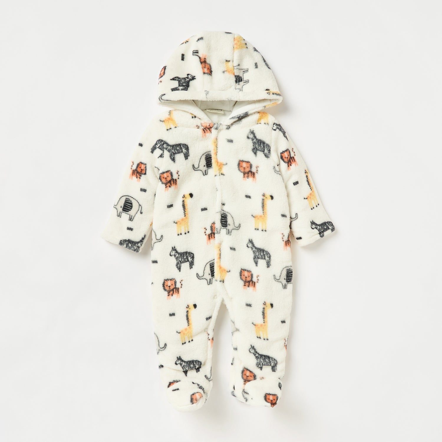 Juniors Safari Print Hooded Padded Closed Feet Sleepsuit with Long Sleeves - White / 9-12 mths