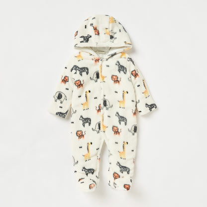Juniors Safari Print Hooded Padded Closed Feet Sleepsuit with Long Sleeves - White / 9-12 mths