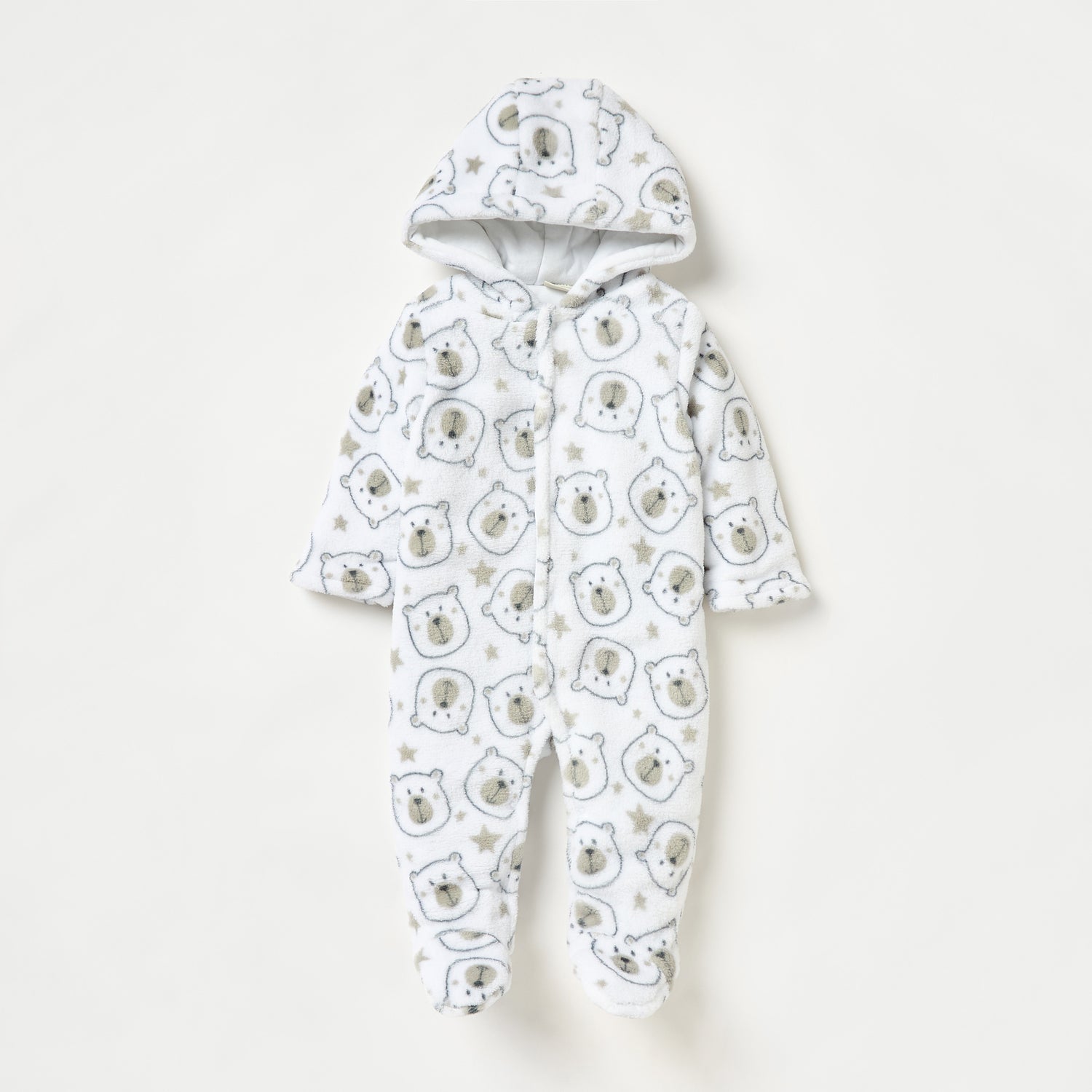 Juniors All-Over Bear Print Hooded Closed Feet Sleepsuit with Long Sleeves - White / 9-12 mths