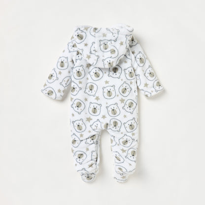 Juniors All-Over Bear Print Hooded Closed Feet Sleepsuit with Long Sleeves
