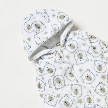 Juniors All-Over Bear Print Hooded Closed Feet Sleepsuit with Long Sleeves