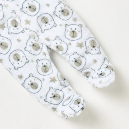 Juniors All-Over Bear Print Hooded Closed Feet Sleepsuit with Long Sleeves