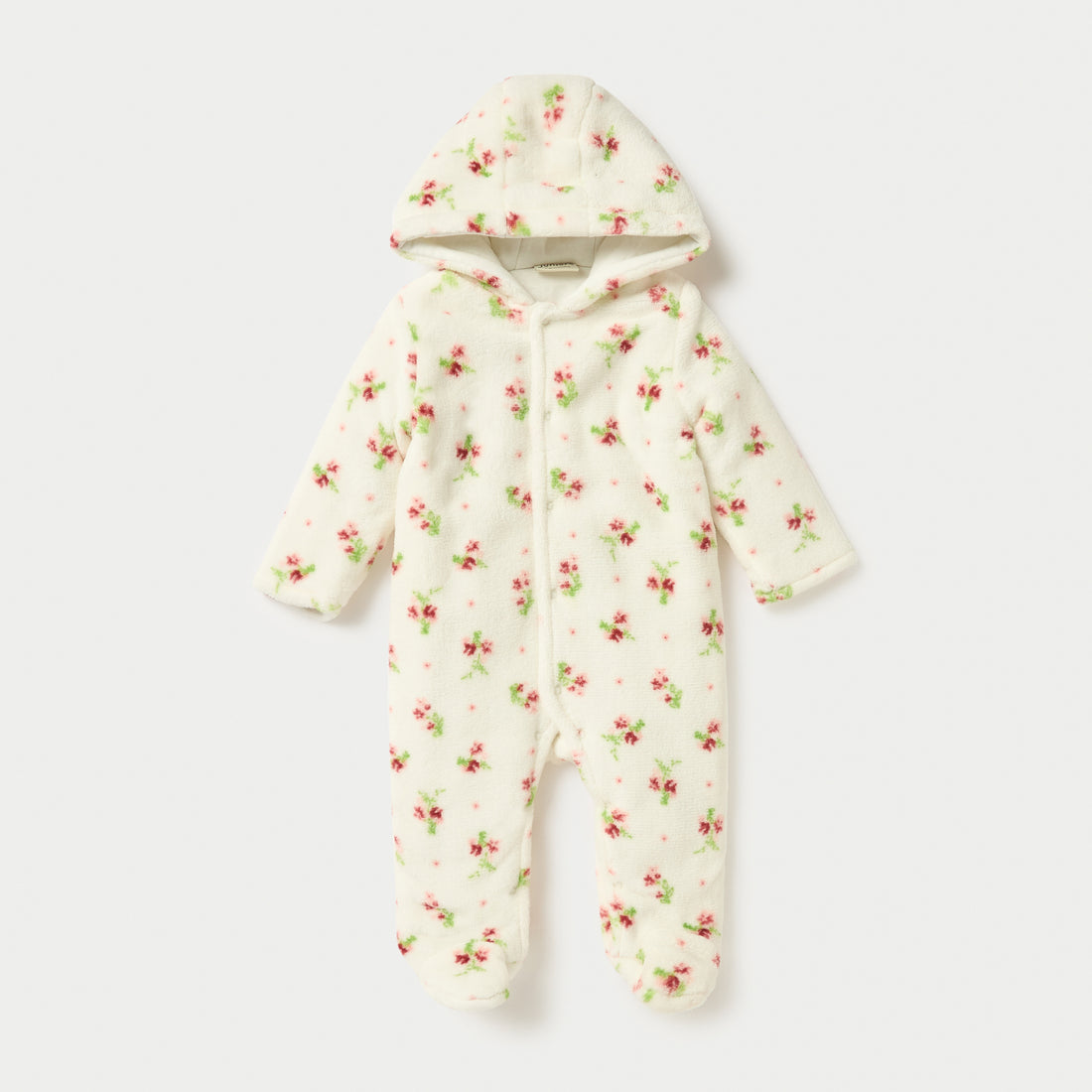 Juniors Floral Print Hooded Padded Closed Feet Sleepsuit with Long Sleeves - Cream / 9-12 mths