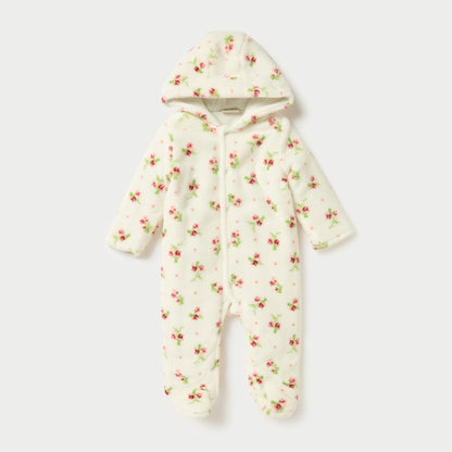 Juniors Floral Print Hooded Padded Closed Feet Sleepsuit with Long Sleeves - Cream / 9-12 mths