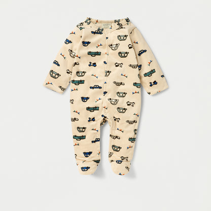 Juniors Vehicle Print Closed Feet Sleepsuit with Button Closure - Beige / 9-12 mths