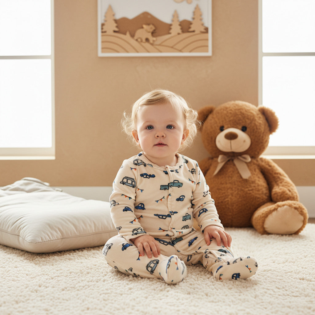 Juniors Vehicle Print Closed Feet Sleepsuit with Button Closure