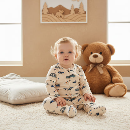 Juniors Vehicle Print Closed Feet Sleepsuit with Button Closure