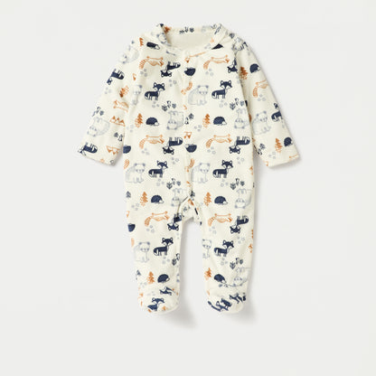 Juniors Animal Print Closed Feet Sleepsuit with Button Closure - White / 9-12 mths