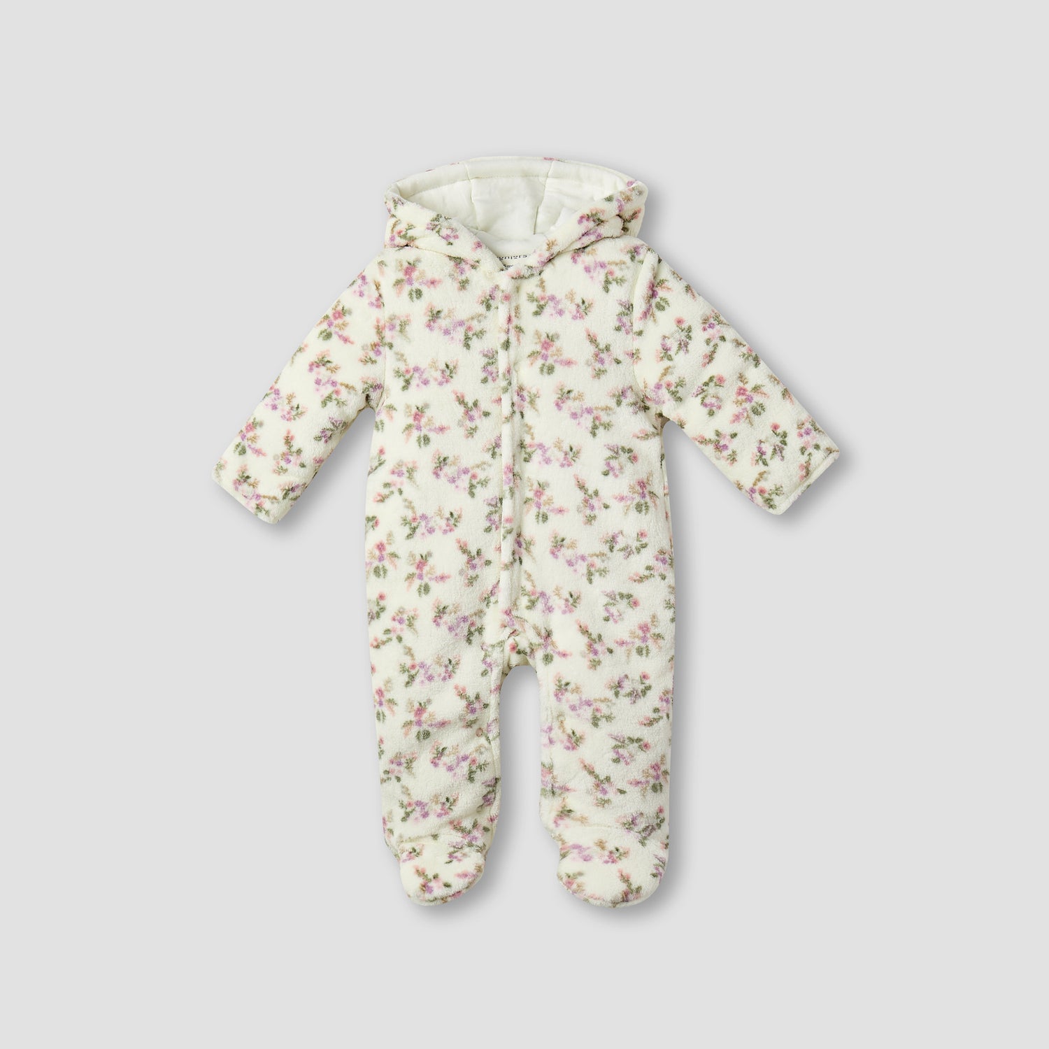 Juniors Floral Print Hooded Fleece Sleepsuit with Long Sleeves - Cream / 9-12 mths
