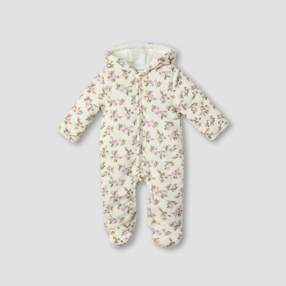 Juniors Floral Print Hooded Fleece Sleepsuit with Long Sleeves - Cream / 9-12 mths