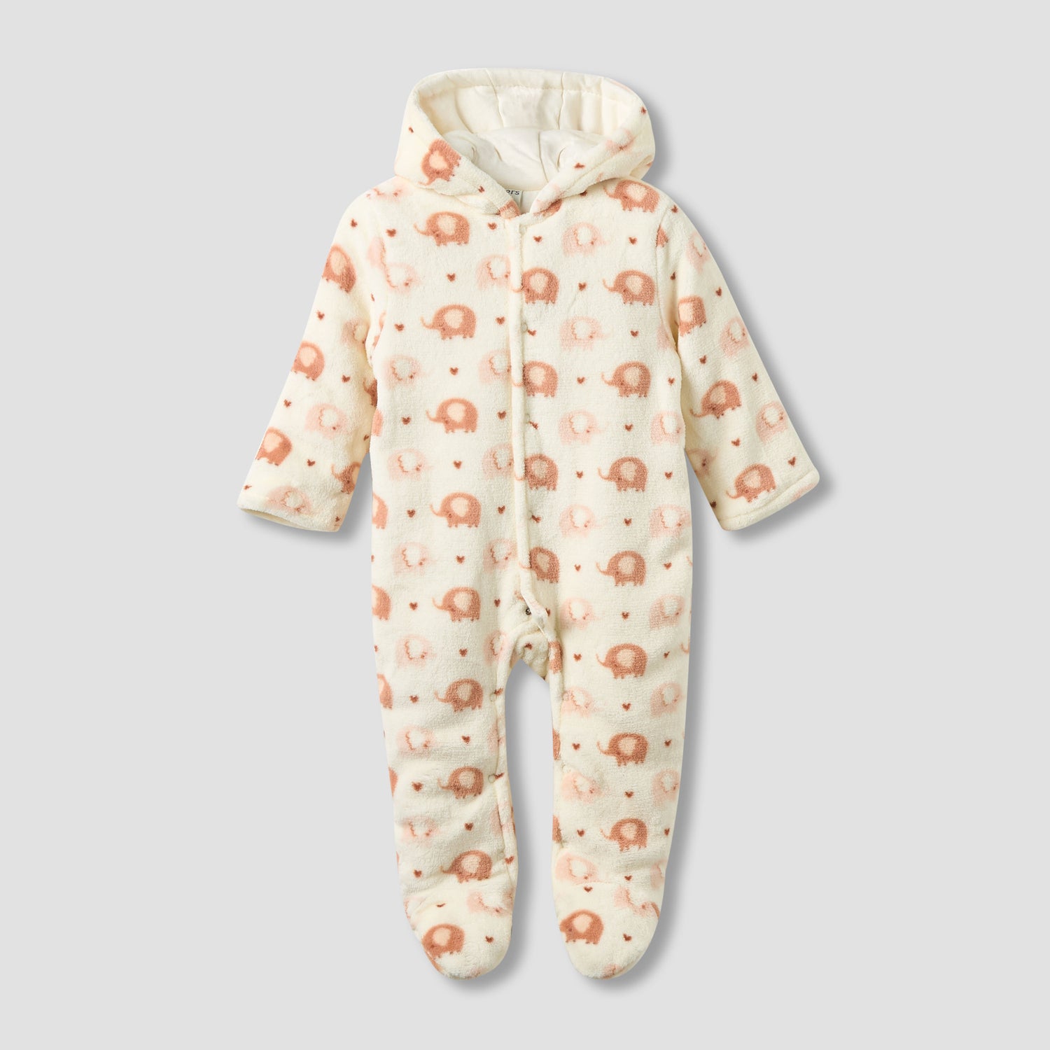 Juniors Fleece Hooded Long Sleeve Sleepsuit with Elephant Print - Cream / 9-12 mths
