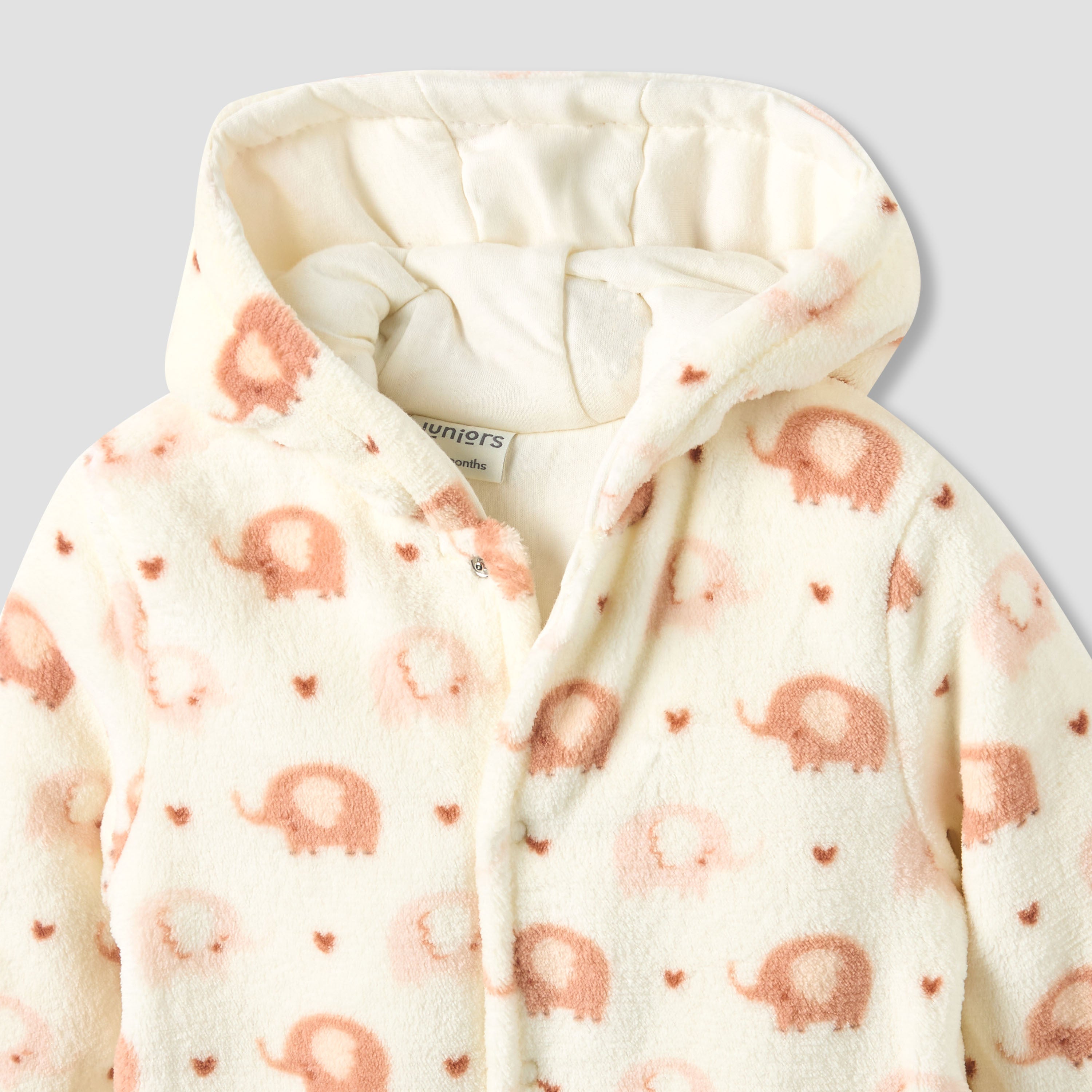 Juniors Fleece Hooded Long Sleeve Sleepsuit with Elephant Print