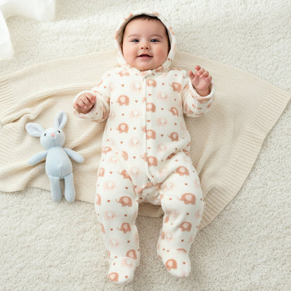Juniors Fleece Hooded Long Sleeve Sleepsuit with Elephant Print