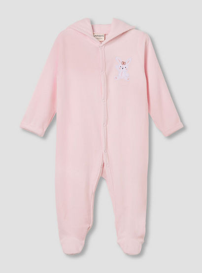 Juniors Hooded Footed Sleepsuit with Bunny Embroidery - Cotton Blend - Long Sleeves-baby-girls-clothing-nightwear-sleepsuits-image-1