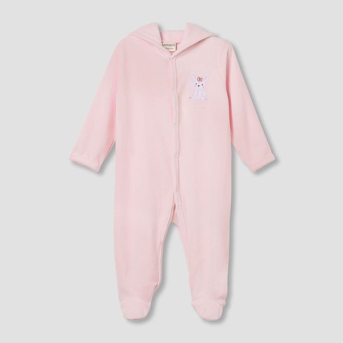 Juniors Hooded Footed Sleepsuit with Bunny Embroidery - Cotton Blend - Long Sleeves - Pink / 9-12 mths