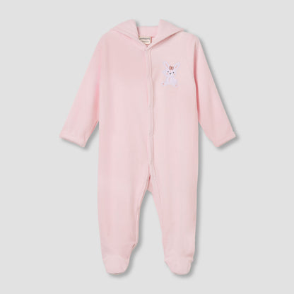Juniors Hooded Footed Sleepsuit with Bunny Embroidery - Cotton Blend - Long Sleeves - Pink / 9-12 mths