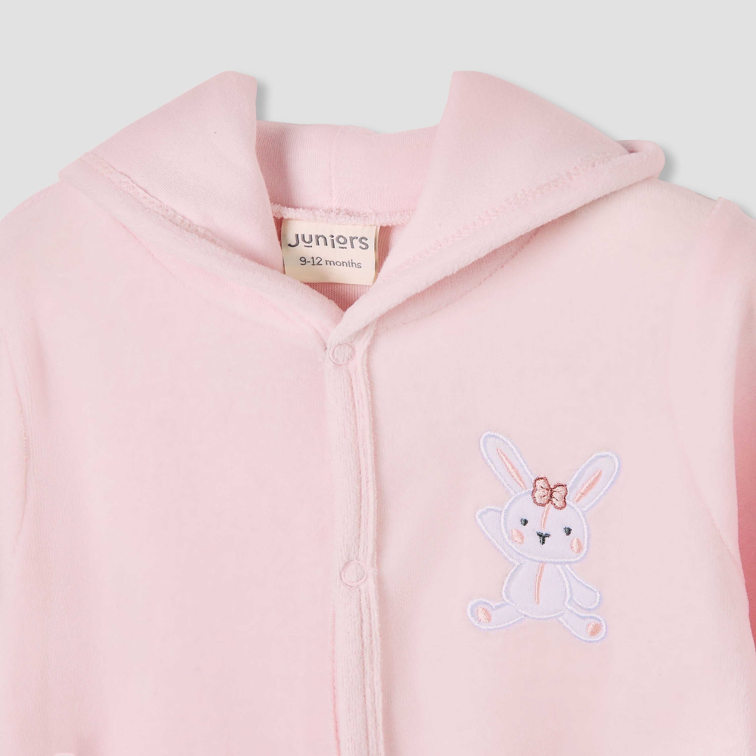 Juniors Hooded Footed Sleepsuit with Bunny Embroidery - Cotton Blend - Long Sleeves