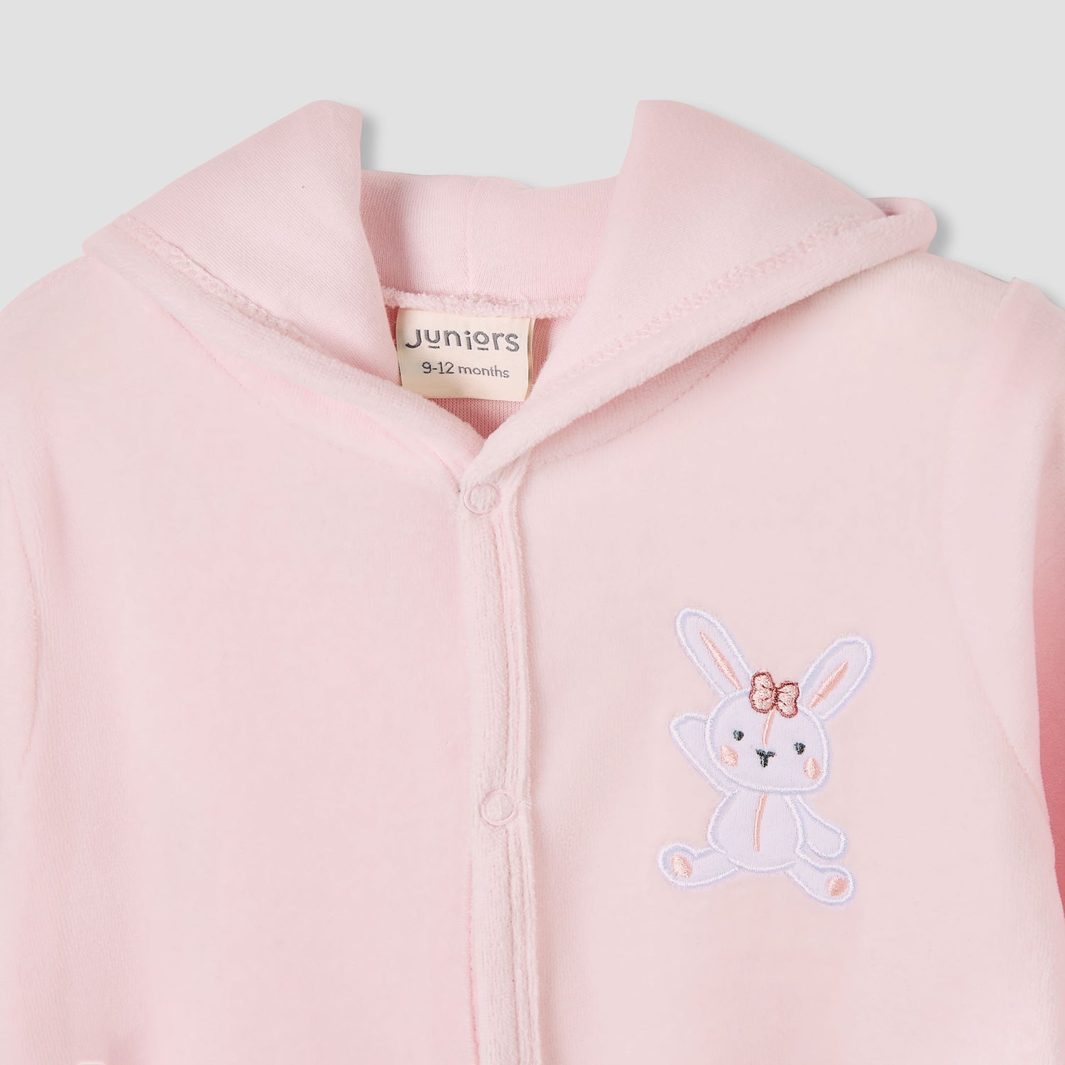 Juniors Hooded Footed Sleepsuit with Bunny Embroidery - Cotton Blend - Long Sleeves