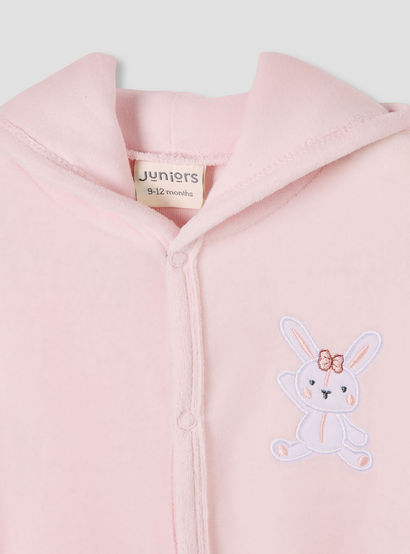 Juniors Hooded Footed Sleepsuit with Bunny Embroidery - Cotton Blend - Long Sleeves-baby-girls-clothing-nightwear-sleepsuits-image-3