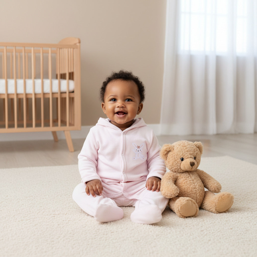 Juniors Hooded Footed Sleepsuit with Bunny Embroidery - Cotton Blend - Long Sleeves