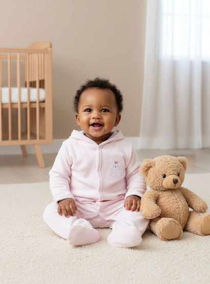 Juniors Hooded Footed Sleepsuit with Bunny Embroidery - Cotton Blend - Long Sleeves-baby-girls-clothing-nightwear-sleepsuits-image-5