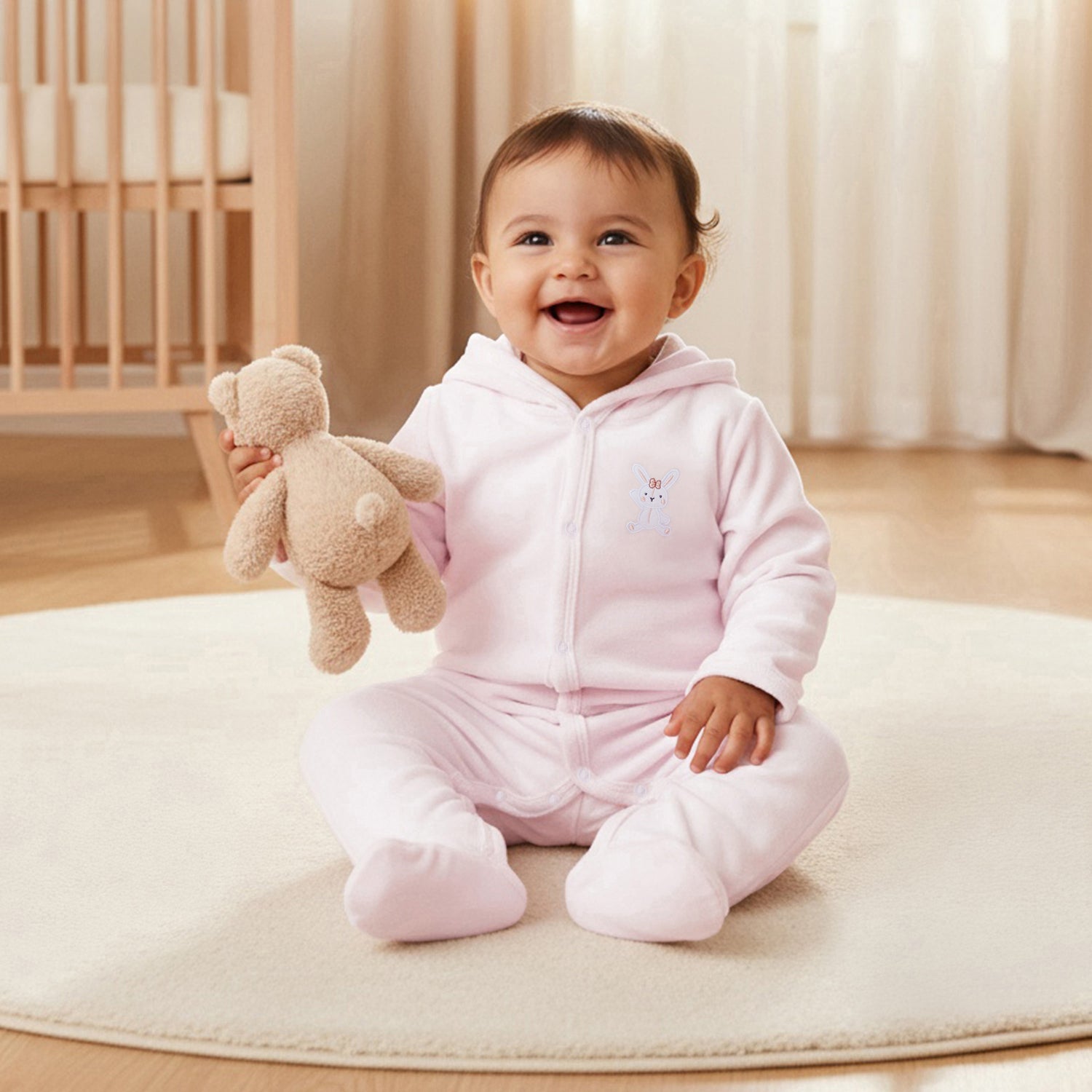 Juniors Hooded Footed Sleepsuit with Bunny Embroidery - Cotton Blend - Long Sleeves