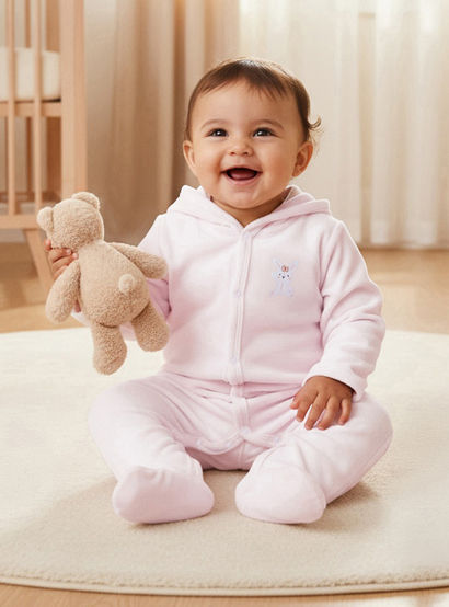 Juniors Hooded Footed Sleepsuit with Bunny Embroidery - Cotton Blend - Long Sleeves-baby-girls-clothing-nightwear-sleepsuits-image-6