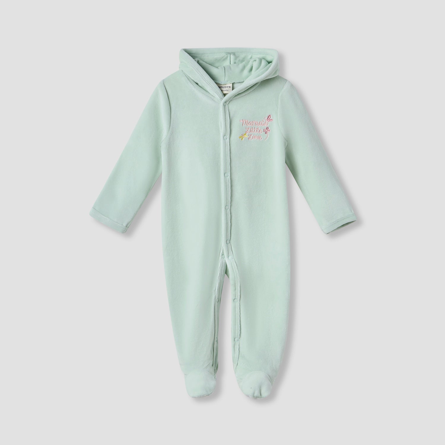 Juniors Embroidered Hooded Velour Sleepsuit with Long Sleeves - Green / 9-12 mths