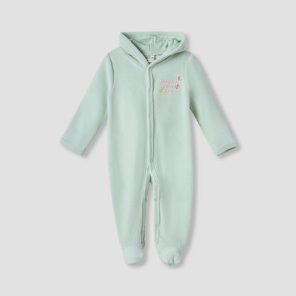 Juniors Embroidered Hooded Velour Sleepsuit with Long Sleeves - Green / 9-12 mths