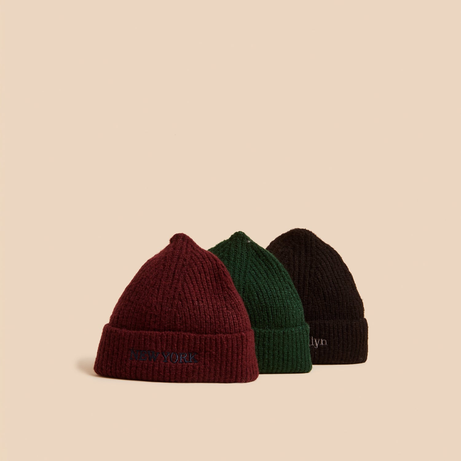 Pack of 3 - Embroidered Ribbed Beanie Cap