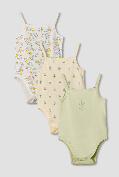 Pack of 3 Juniors Cotton Square Neck Sleeveless Bodysuit with Snap Button Closure
