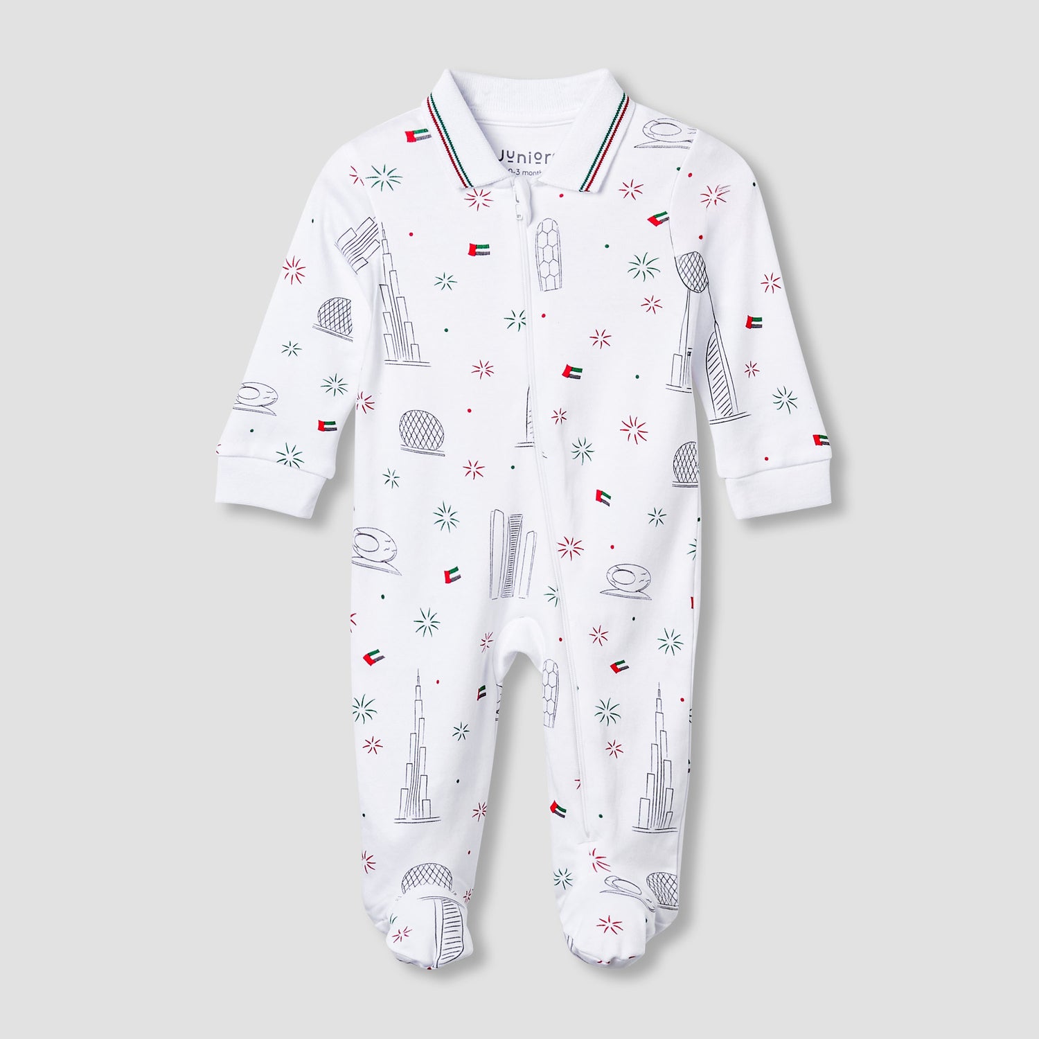 Juniors Cotton Collar Neck Long Sleeves Sleepsuit with UAE National Day Print - White / 9-12 mths