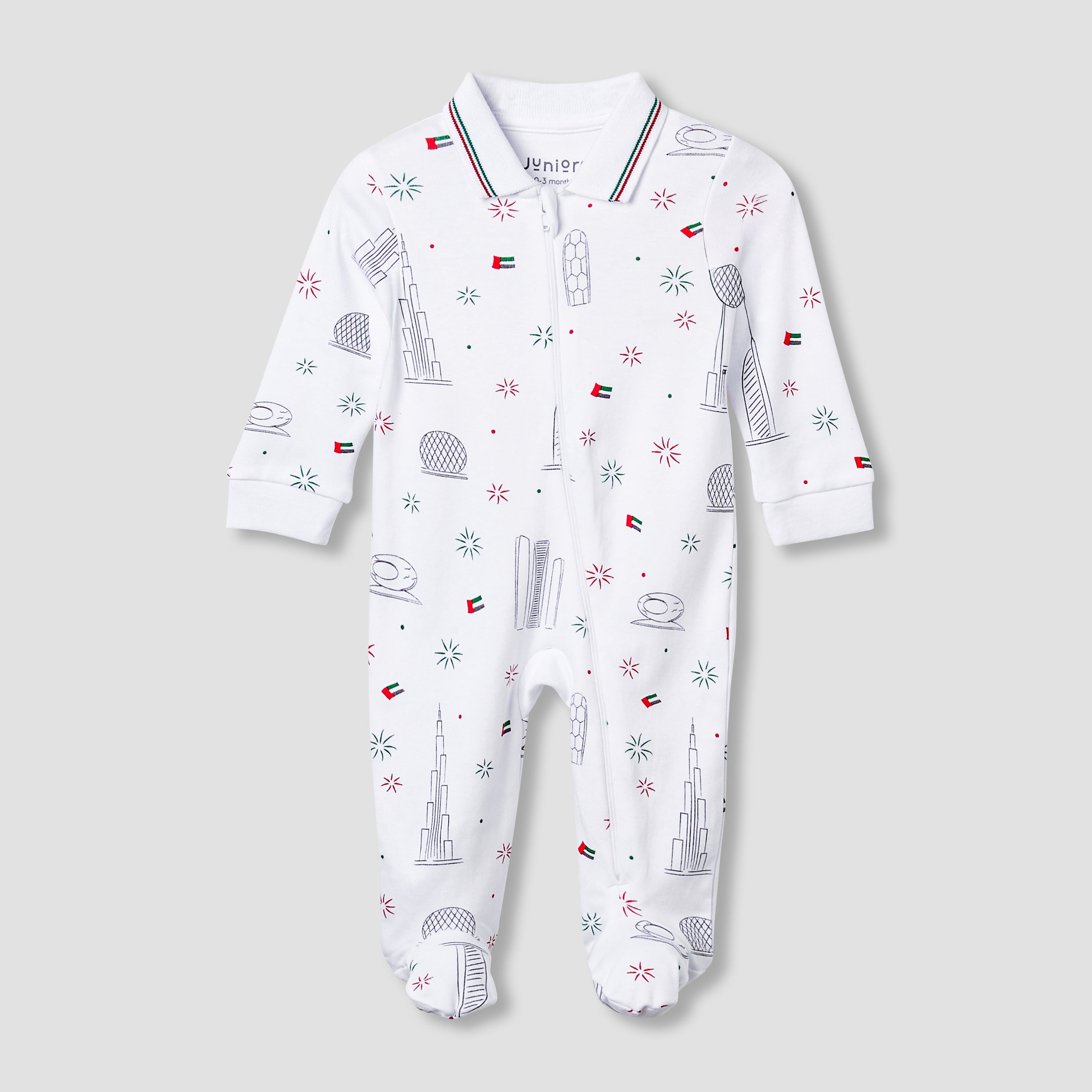 Juniors Cotton Collar Neck Long Sleeves Sleepsuit with UAE National Day Print - White / 9-12 mths