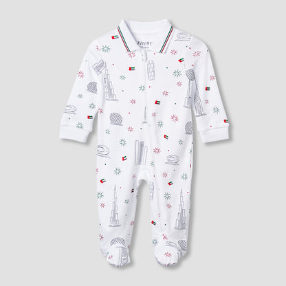 Juniors Cotton Collar Neck Long Sleeves Sleepsuit with UAE National Day Print - White / 9-12 mths